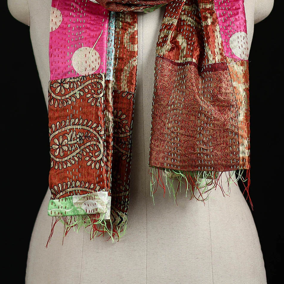 Bengal Kantha Handwork Patchwork Reversible Silk Stole 256 - Image 2