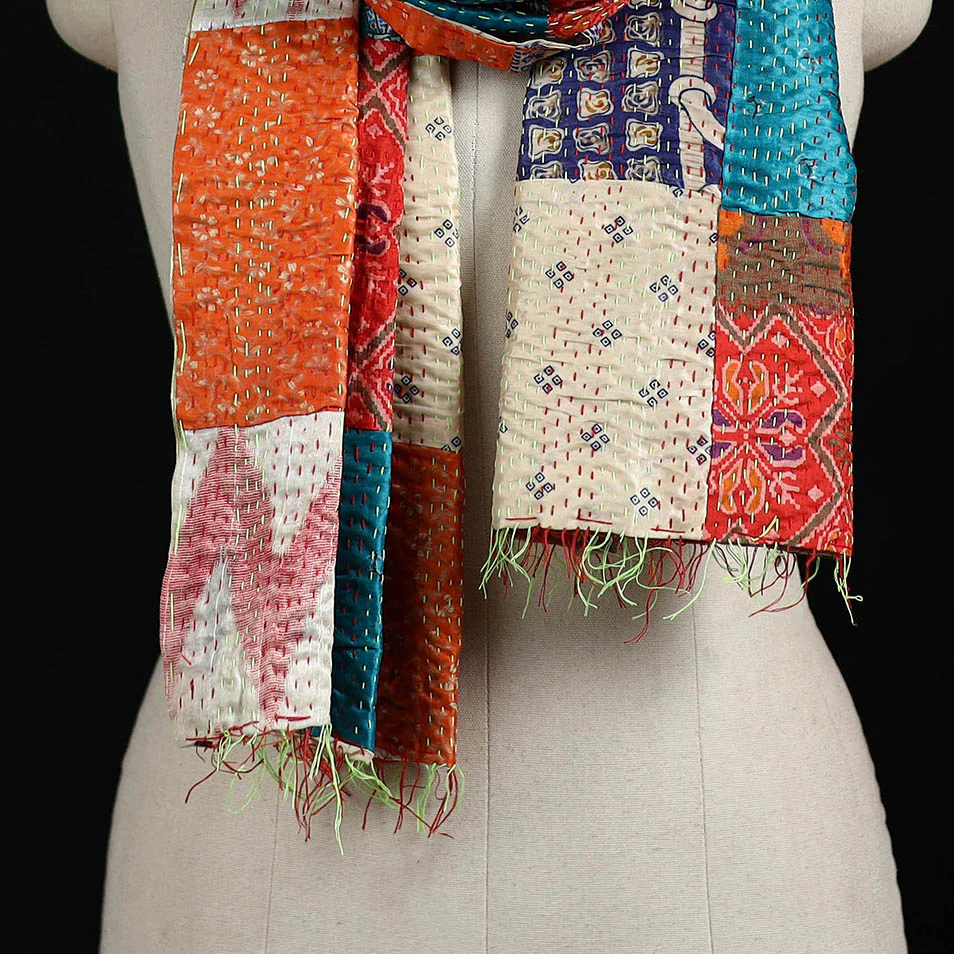 Bengal Kantha Handwork Patchwork Reversible Silk Stole 258 - Image 2