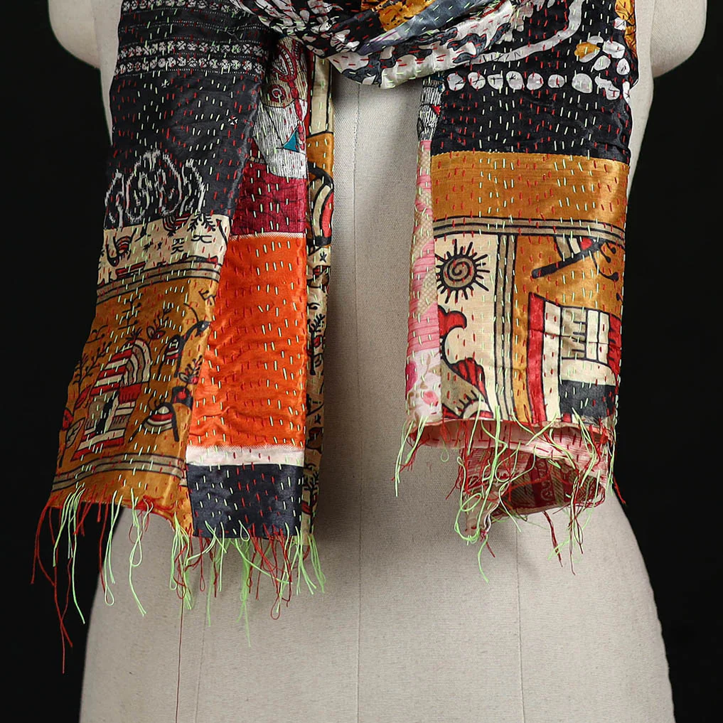 Bengal Kantha Handwork Patchwork Reversible Silk Stole 26 - Image 2