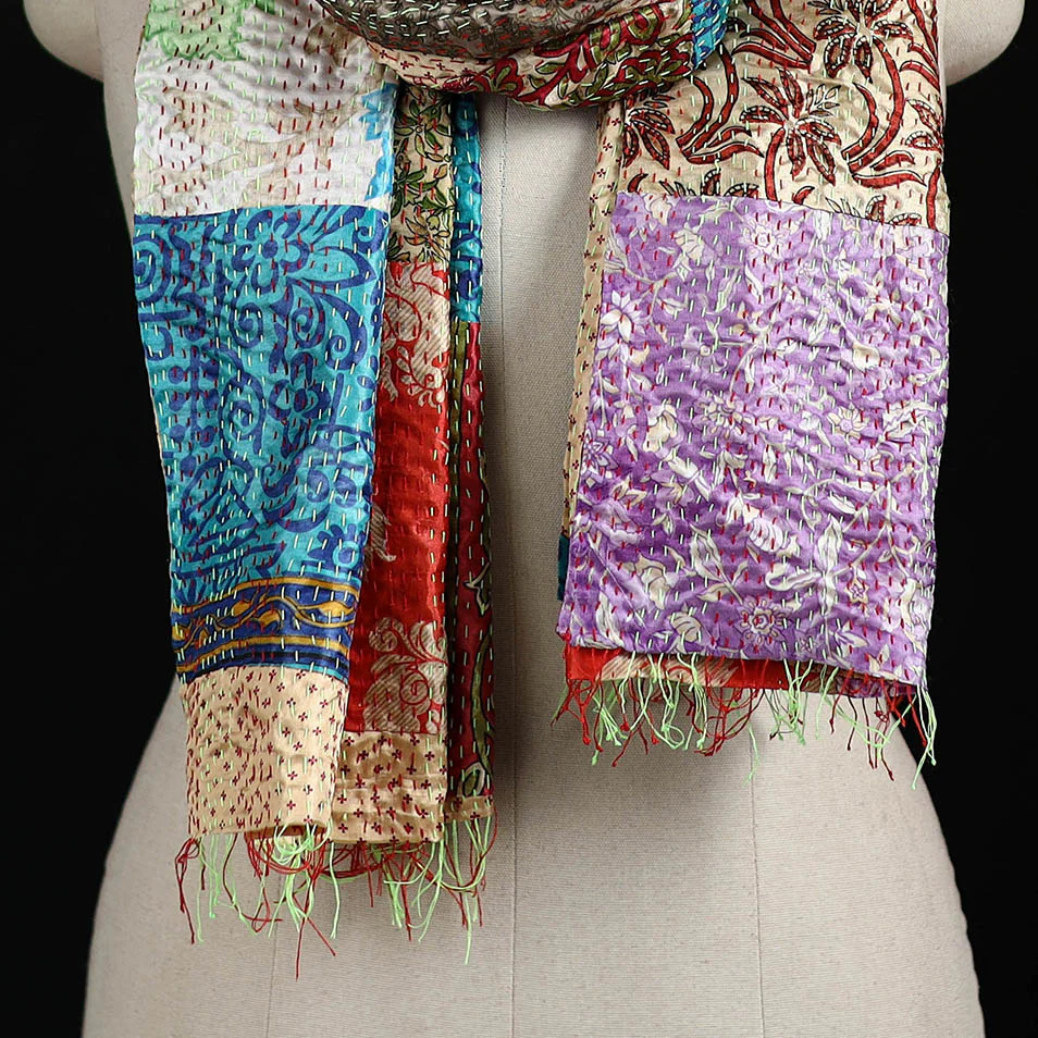 Bengal Kantha Handwork Patchwork Reversible Silk Stole 261 - Image 2