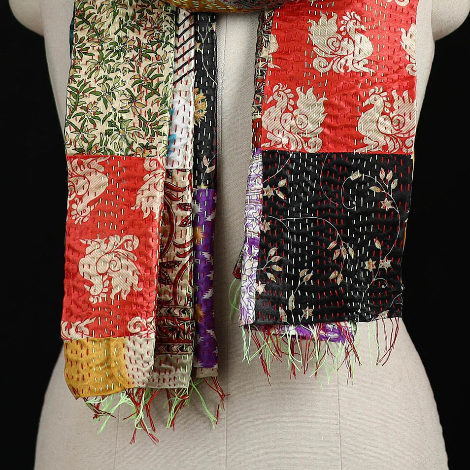 Bengal Kantha Handwork Patchwork Reversible Silk Stole 262 - Image 2