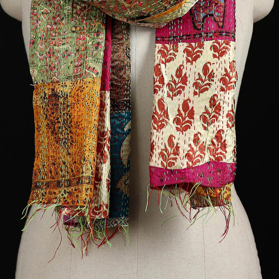 Bengal Kantha Handwork Patchwork Reversible Silk Stole 264 - Image 2