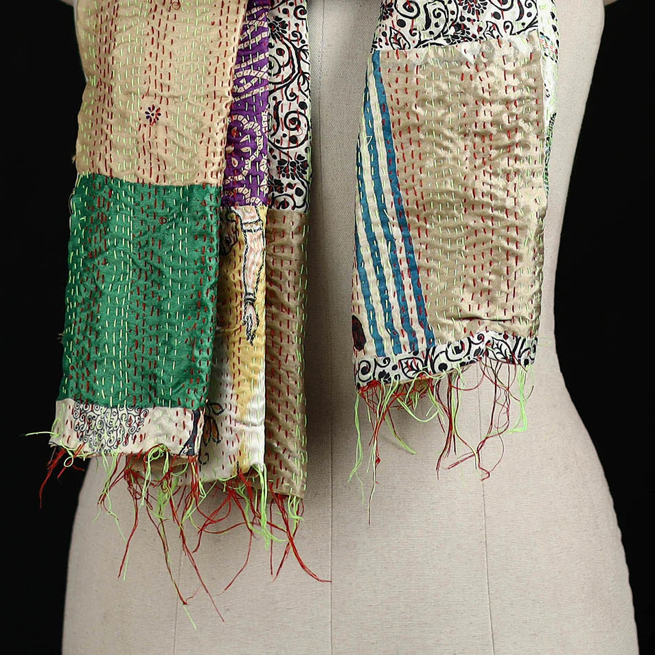 Bengal Kantha Handwork Patchwork Reversible Silk Stole 269 - Image 2