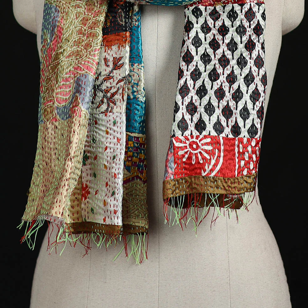 Bengal Kantha Handwork Patchwork Reversible Silk Stole 27 - Image 2