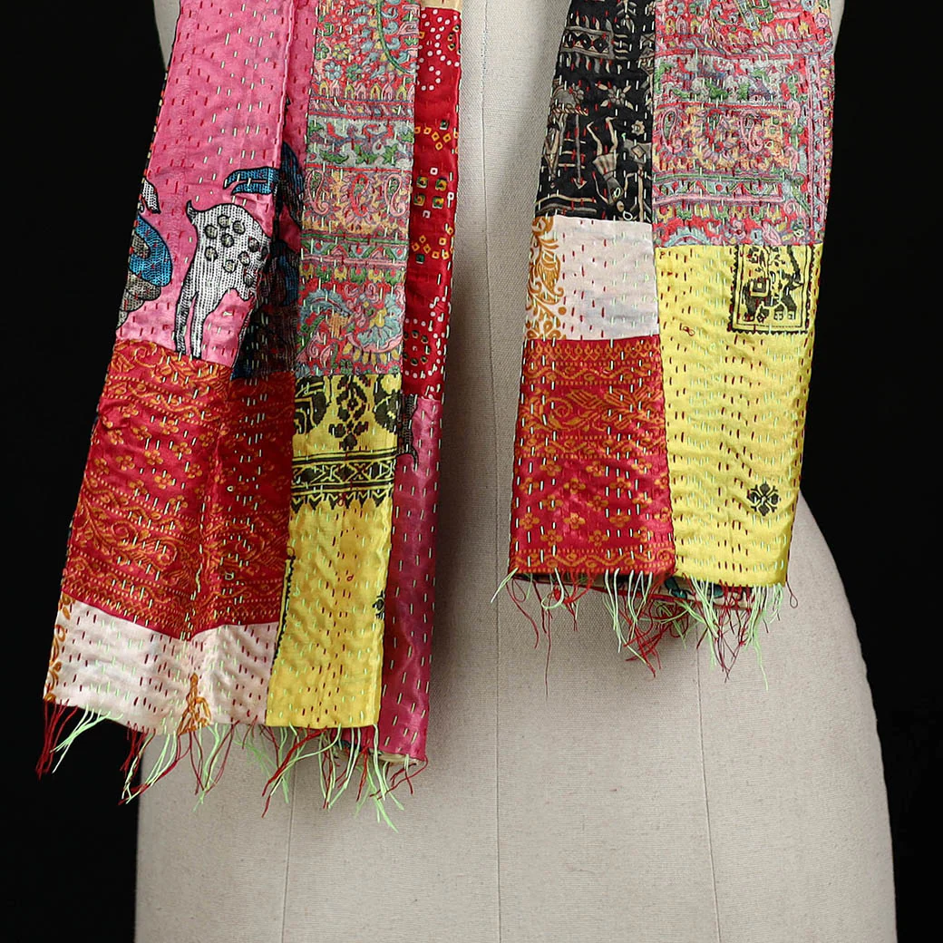 Bengal Kantha Handwork Patchwork Reversible Silk Stole 272 - Image 2