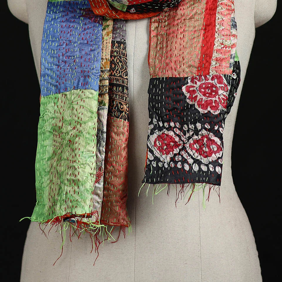 Bengal Kantha Handwork Patchwork Reversible Silk Stole 28 - Image 2