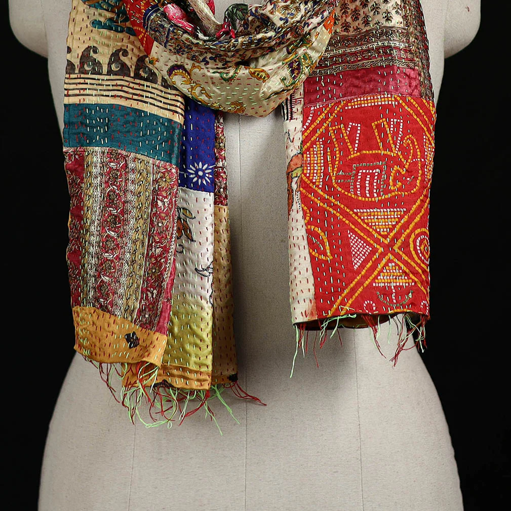 Bengal Kantha Handwork Patchwork Reversible Silk Stole 281 - Image 2