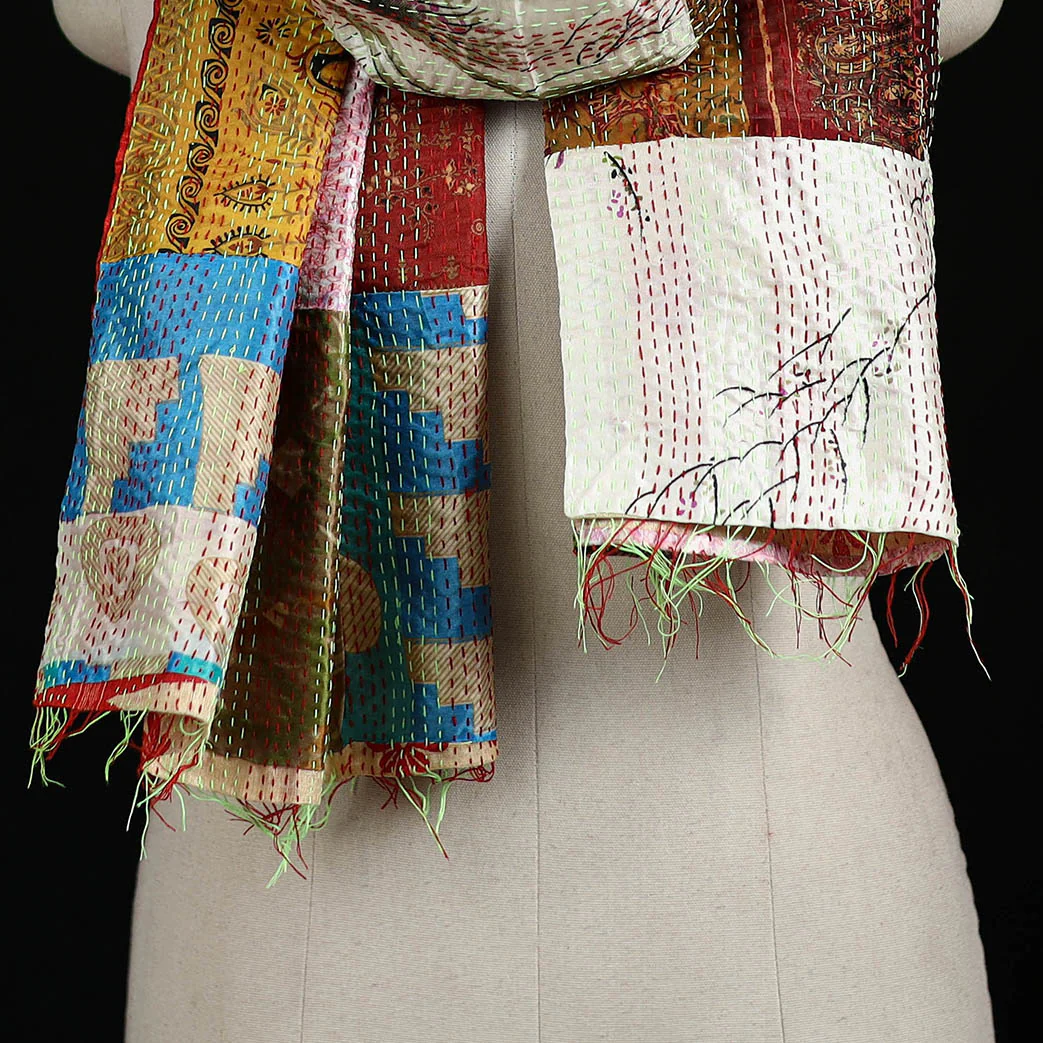 Bengal Kantha Handwork Patchwork Reversible Silk Stole 282 - Image 2