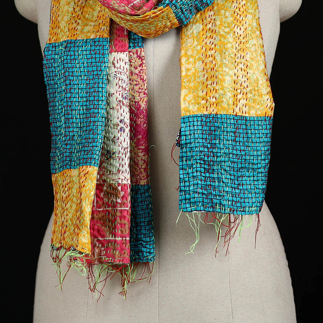 Bengal Kantha Handwork Patchwork Reversible Silk Stole 283 - Image 2