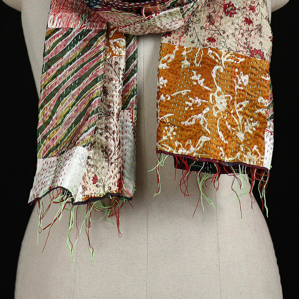 Bengal Kantha Handwork Patchwork Reversible Silk Stole 285 - Image 2