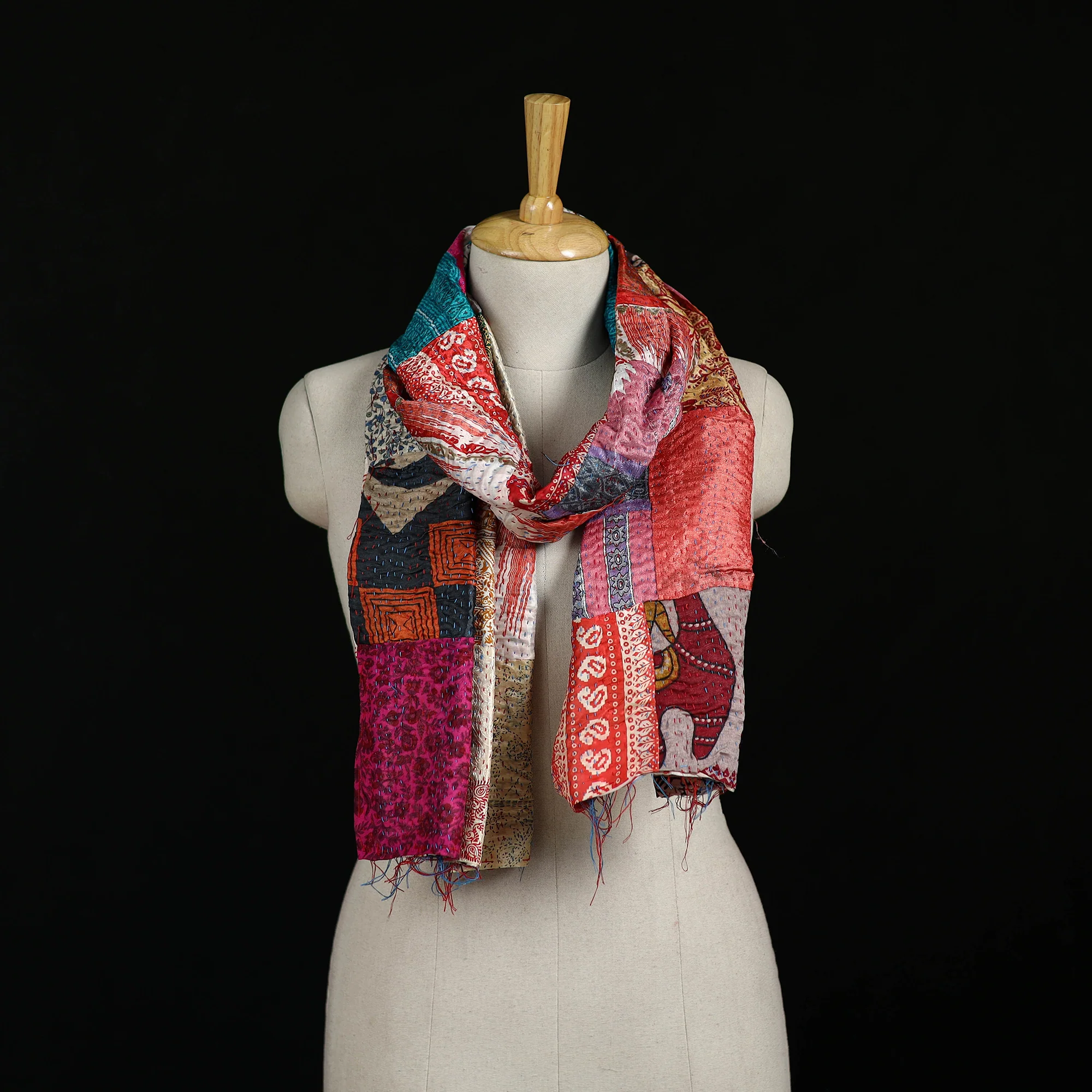 Bengal Kantha Handwork Patchwork Reversible Silk Stole 286