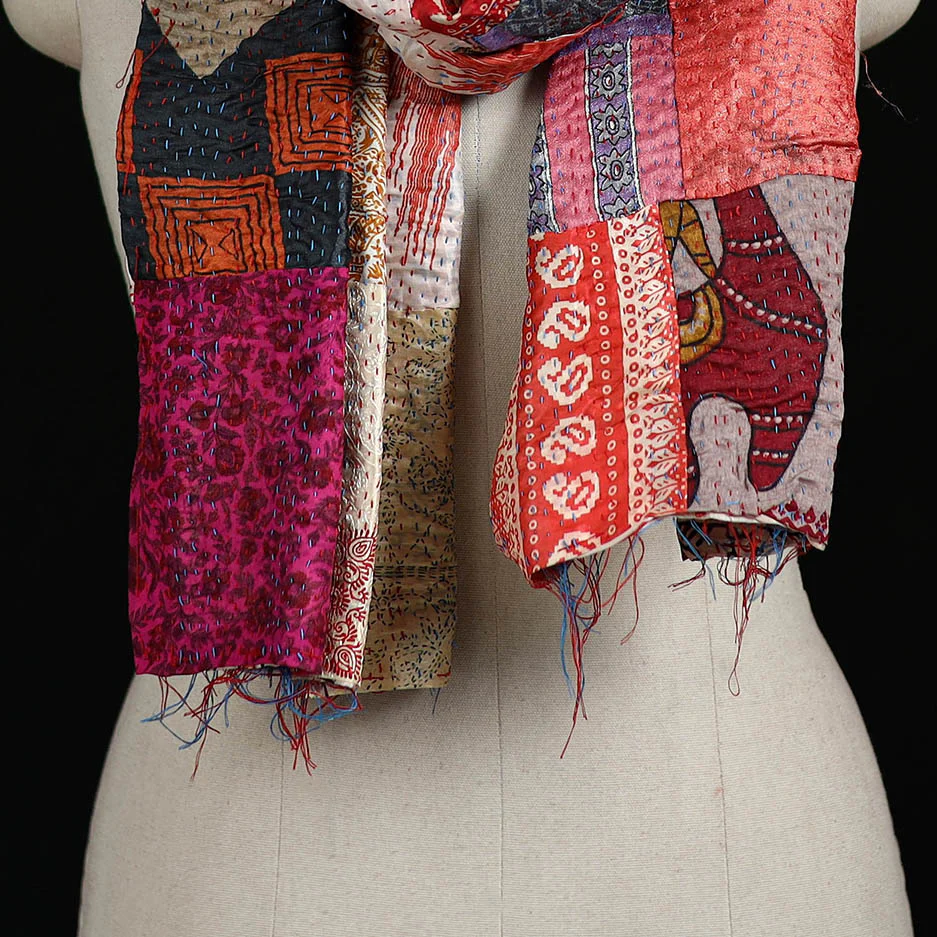 Bengal Kantha Handwork Patchwork Reversible Silk Stole 286 - Image 2