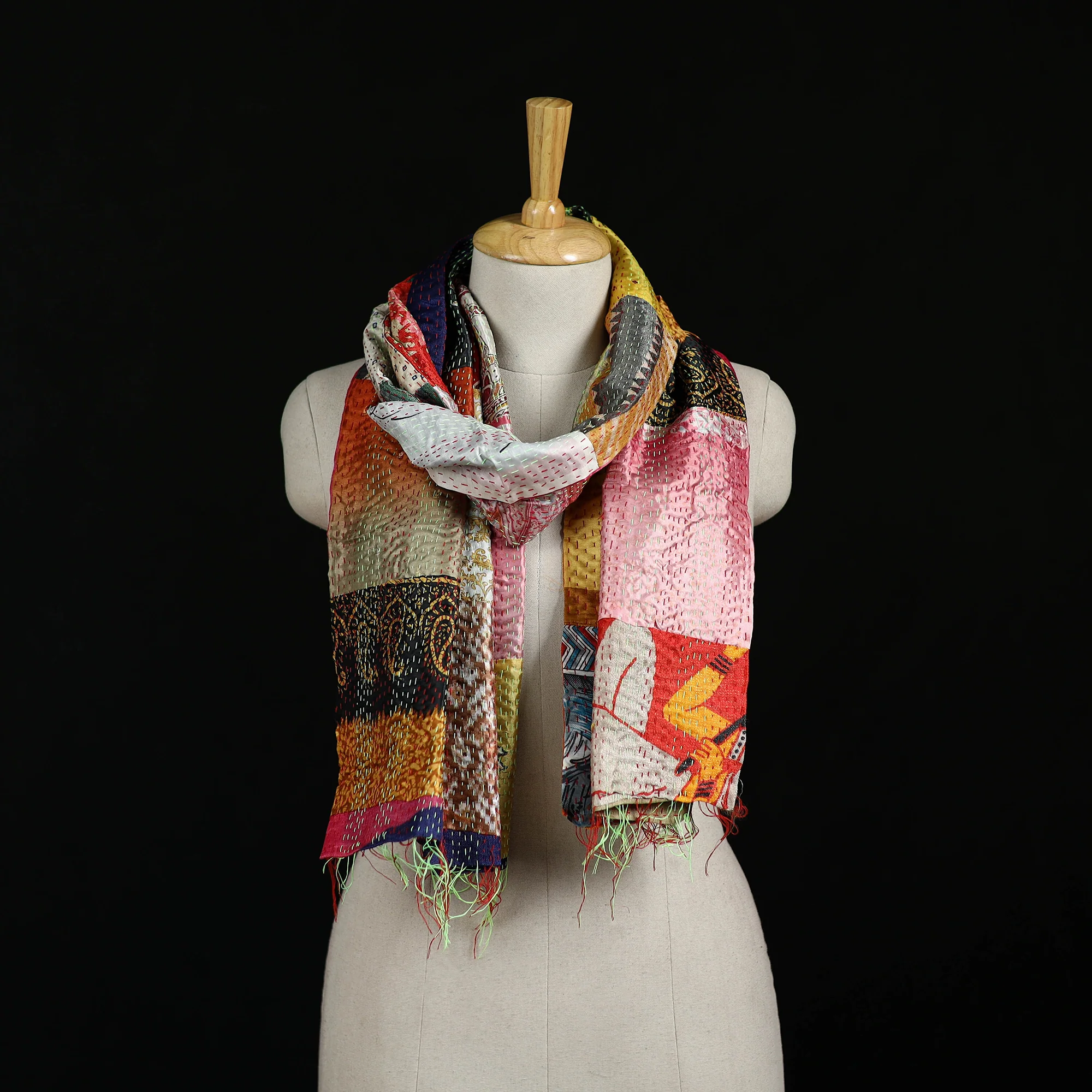Bengal Kantha Handwork Patchwork Reversible Silk Stole 292