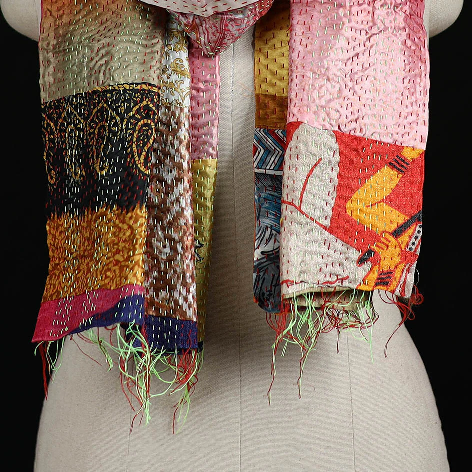 Bengal Kantha Handwork Patchwork Reversible Silk Stole 292 - Image 2