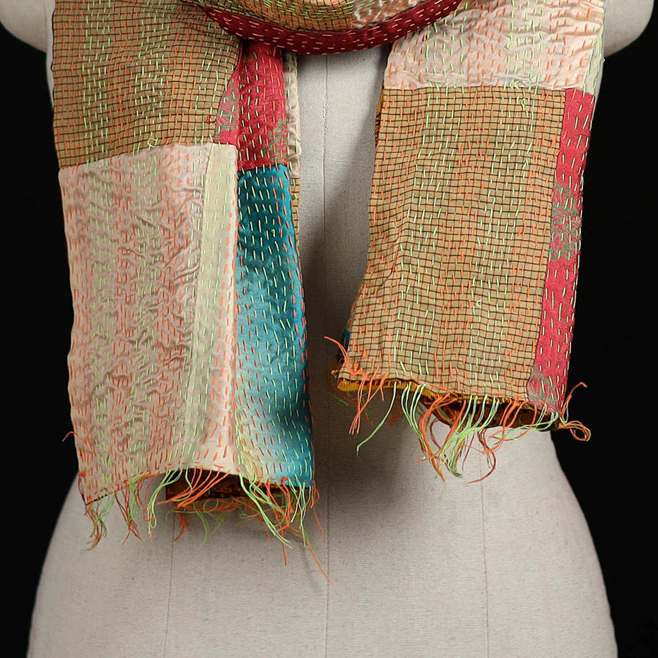 Bengal Kantha Handwork Patchwork Reversible Silk Stole 294 - Image 2