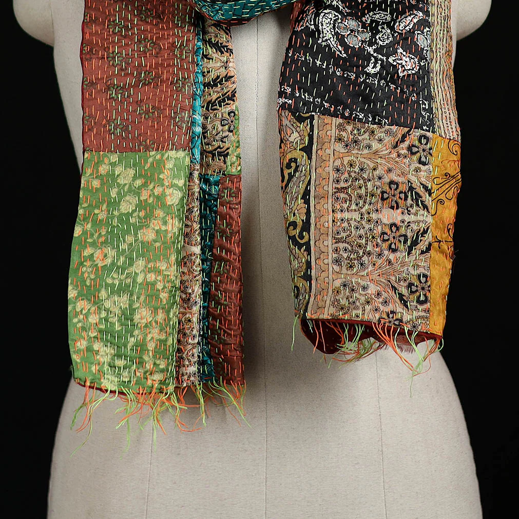 Bengal Kantha Handwork Patchwork Reversible Silk Stole 295 - Image 2