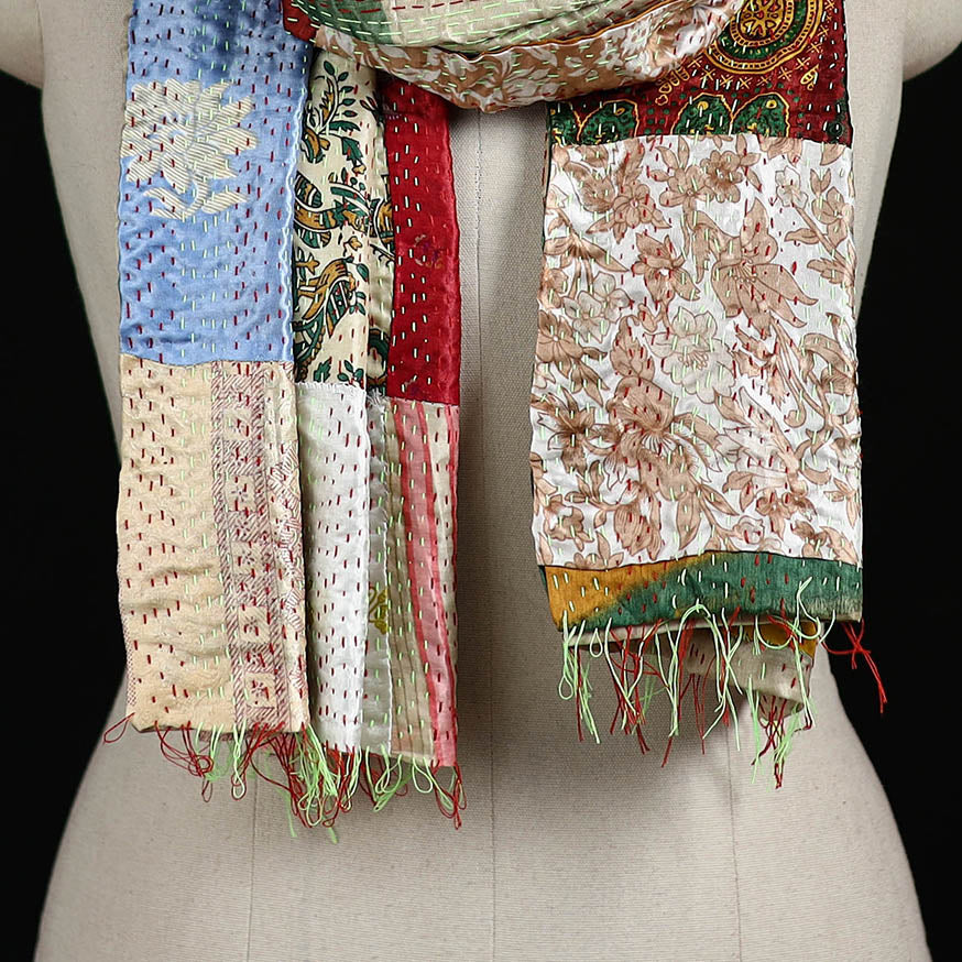 Bengal Kantha Handwork Patchwork Reversible Silk Stole 296 - Image 2