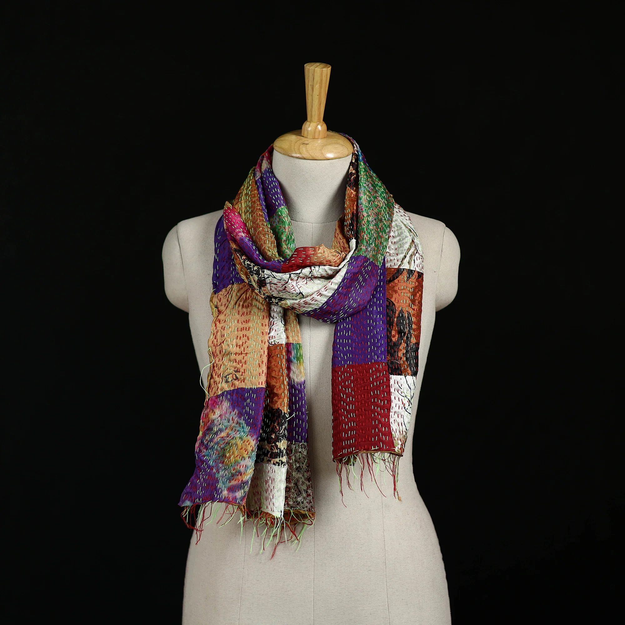 Bengal Kantha Handwork Patchwork Reversible Silk Stole 297