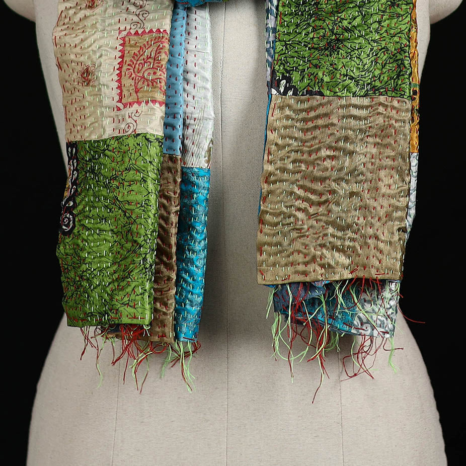 Bengal Kantha Handwork Patchwork Reversible Silk Stole 299 - Image 2