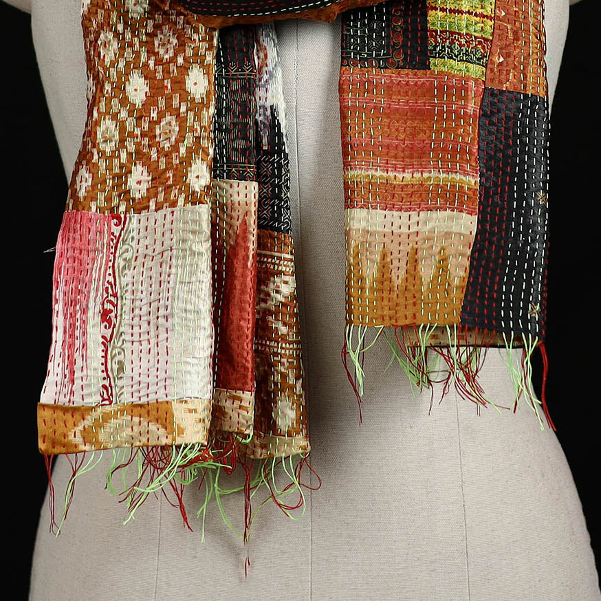 Bengal Kantha Handwork Patchwork Reversible Silk Stole 303 - Image 2