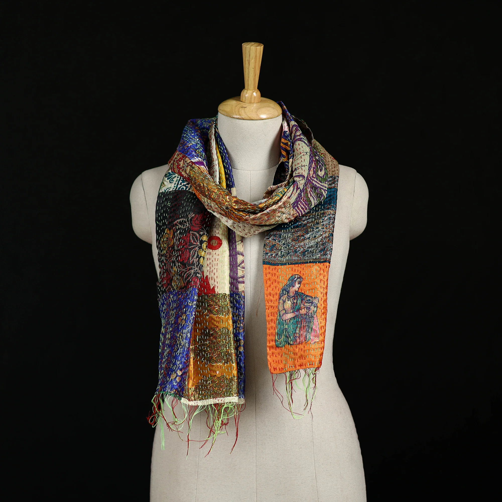 Bengal Kantha Handwork Patchwork Reversible Silk Stole 307