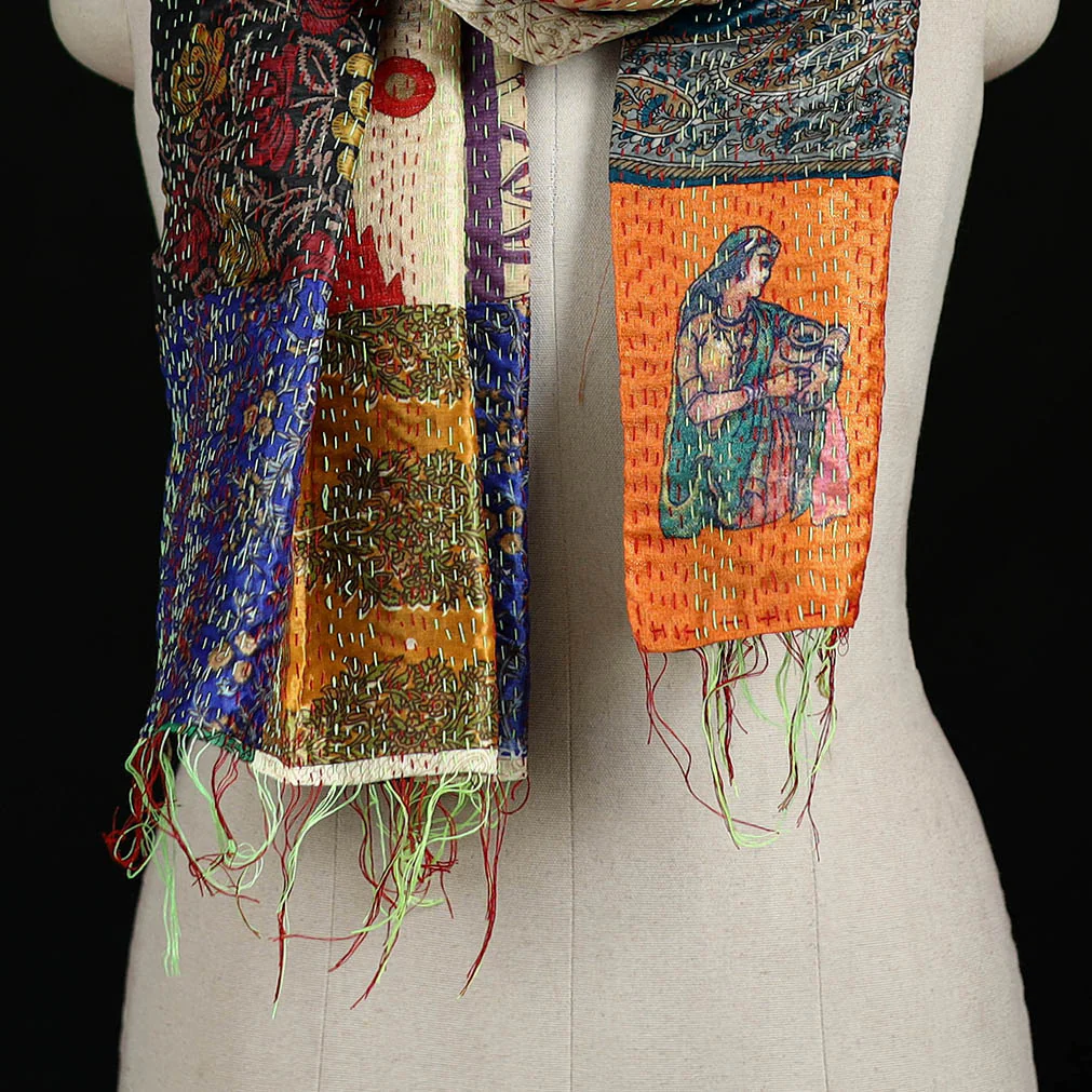 Bengal Kantha Handwork Patchwork Reversible Silk Stole 307 - Image 2