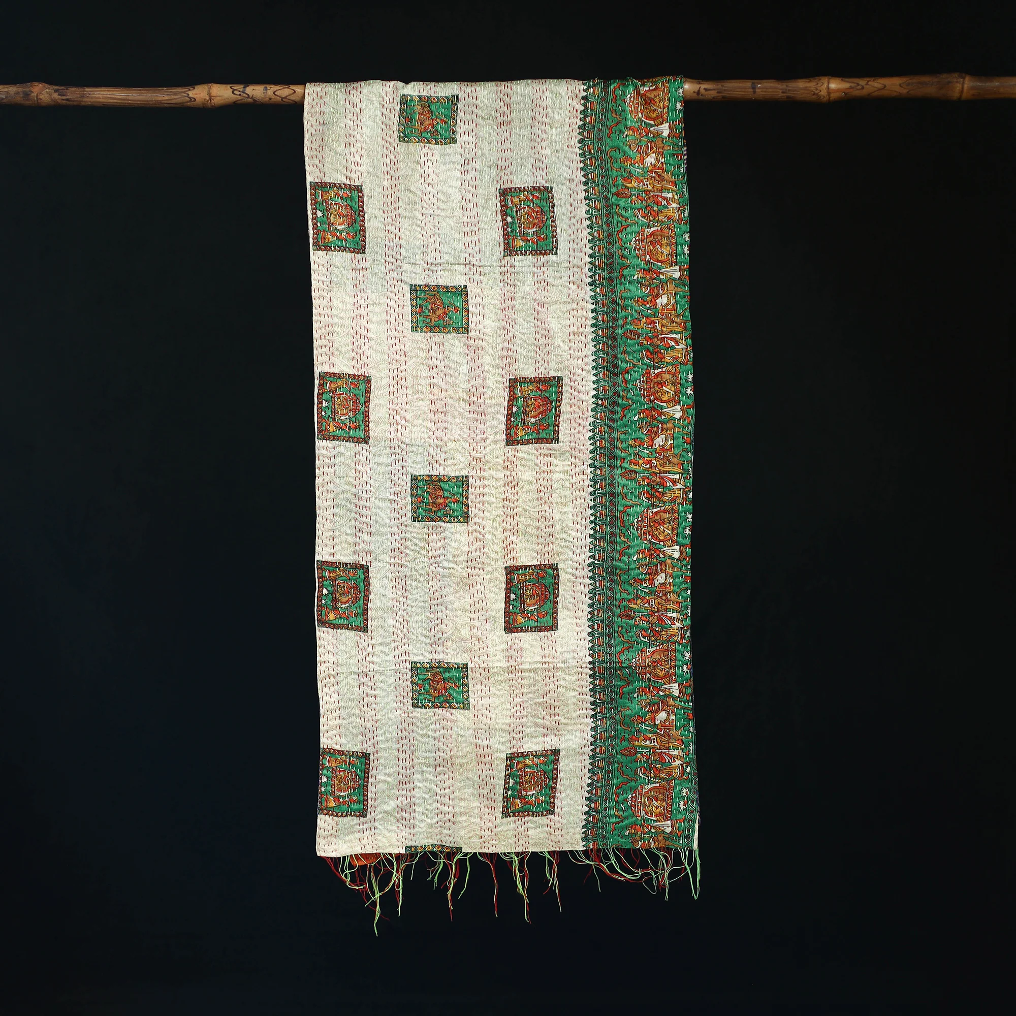 Bengal Kantha Handwork Patchwork Reversible Silk Stole 307 - Image 3