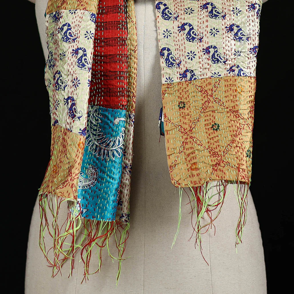 Bengal Kantha Handwork Patchwork Reversible Silk Stole 308 - Image 2
