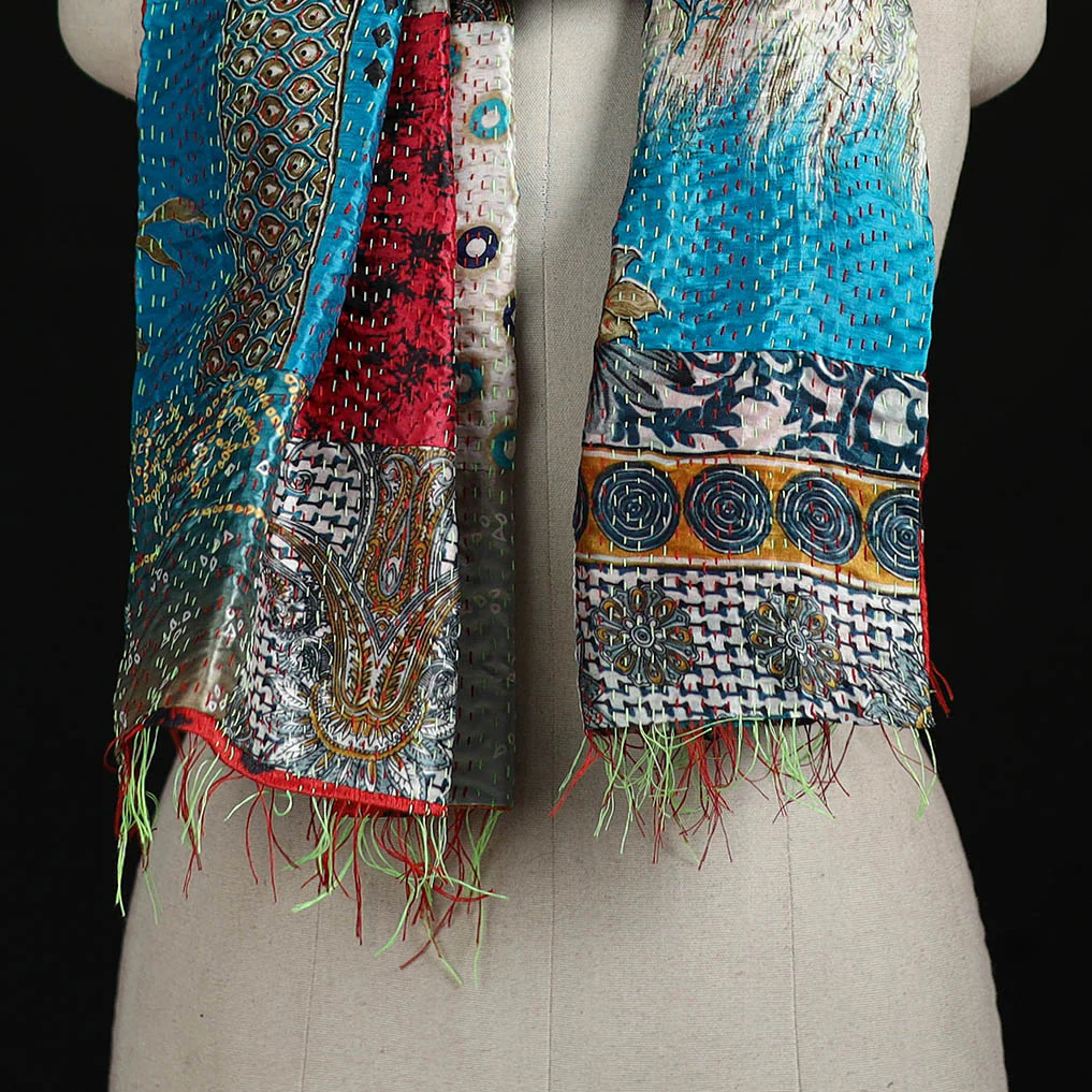 Bengal Kantha Handwork Patchwork Reversible Silk Stole 31 - Image 2