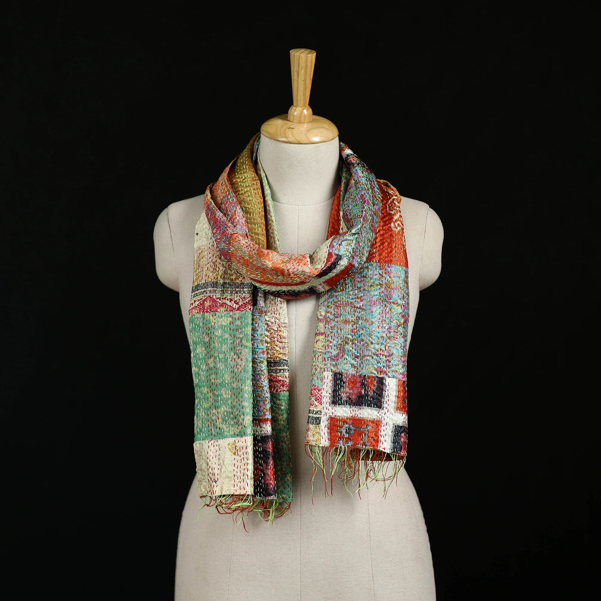 Bengal Kantha Handwork Patchwork Reversible Silk Stole 317