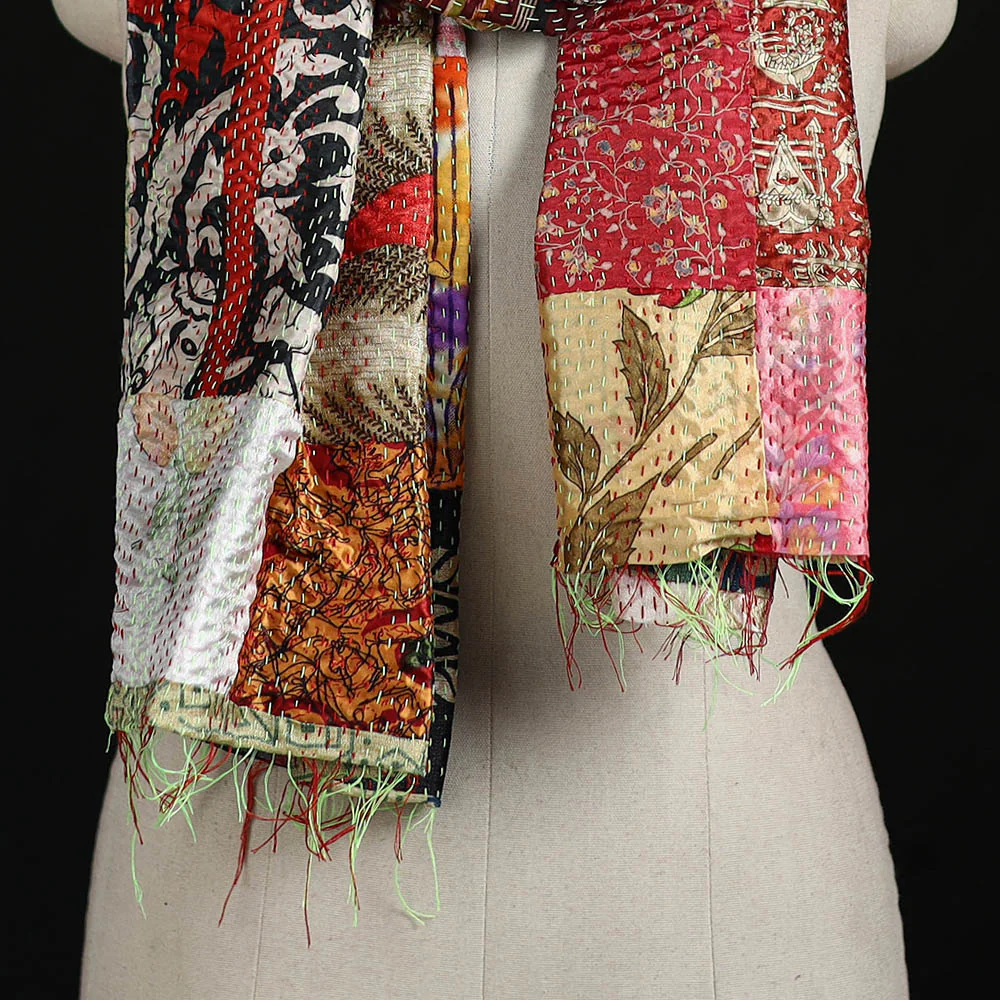 Bengal Kantha Handwork Patchwork Reversible Silk Stole 32 - Image 2