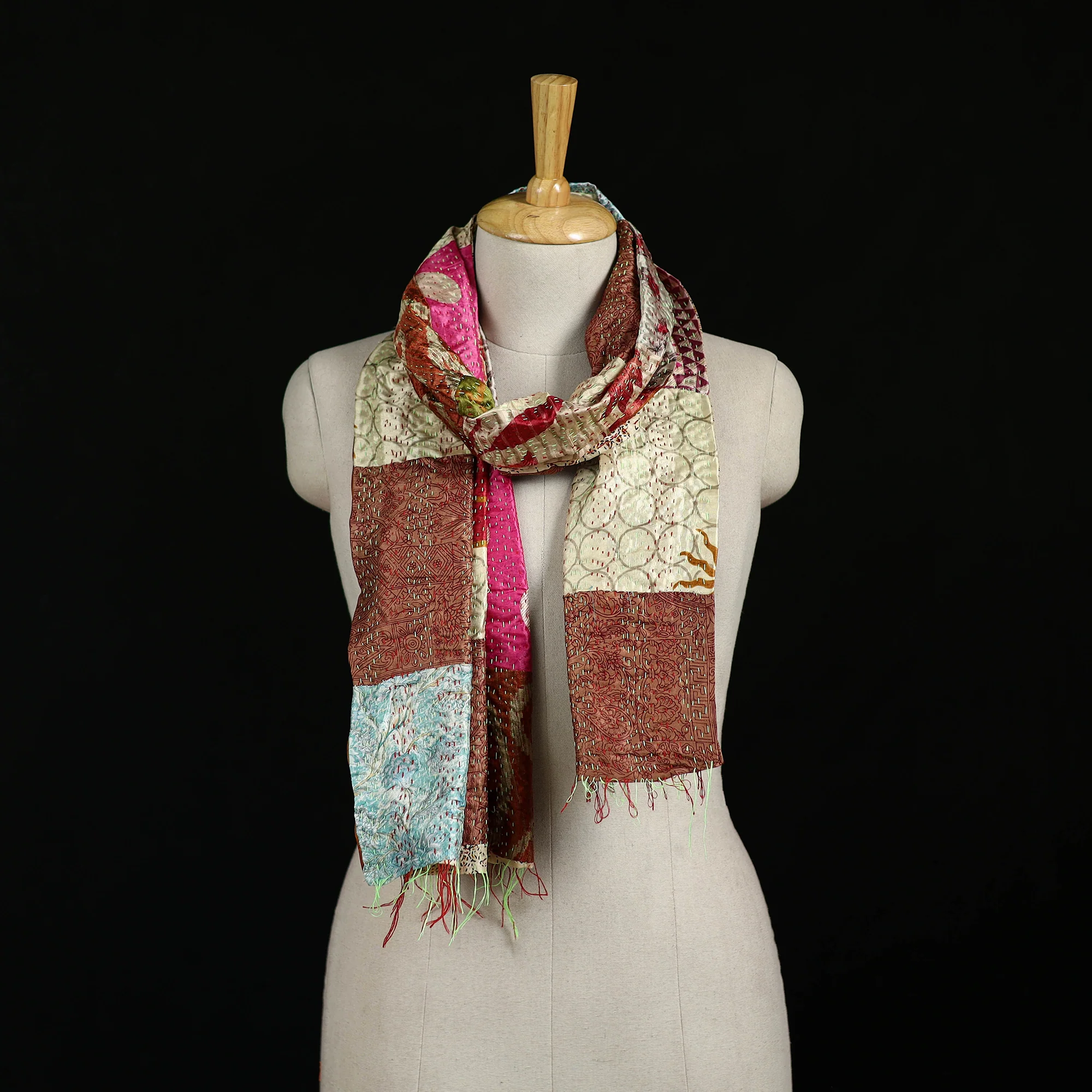 Bengal Kantha Handwork Patchwork Reversible Silk Stole 320