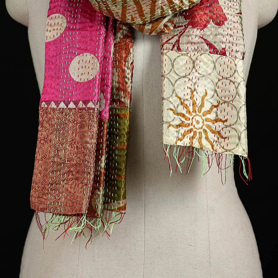 Bengal Kantha Handwork Patchwork Reversible Silk Stole 321 - Image 2