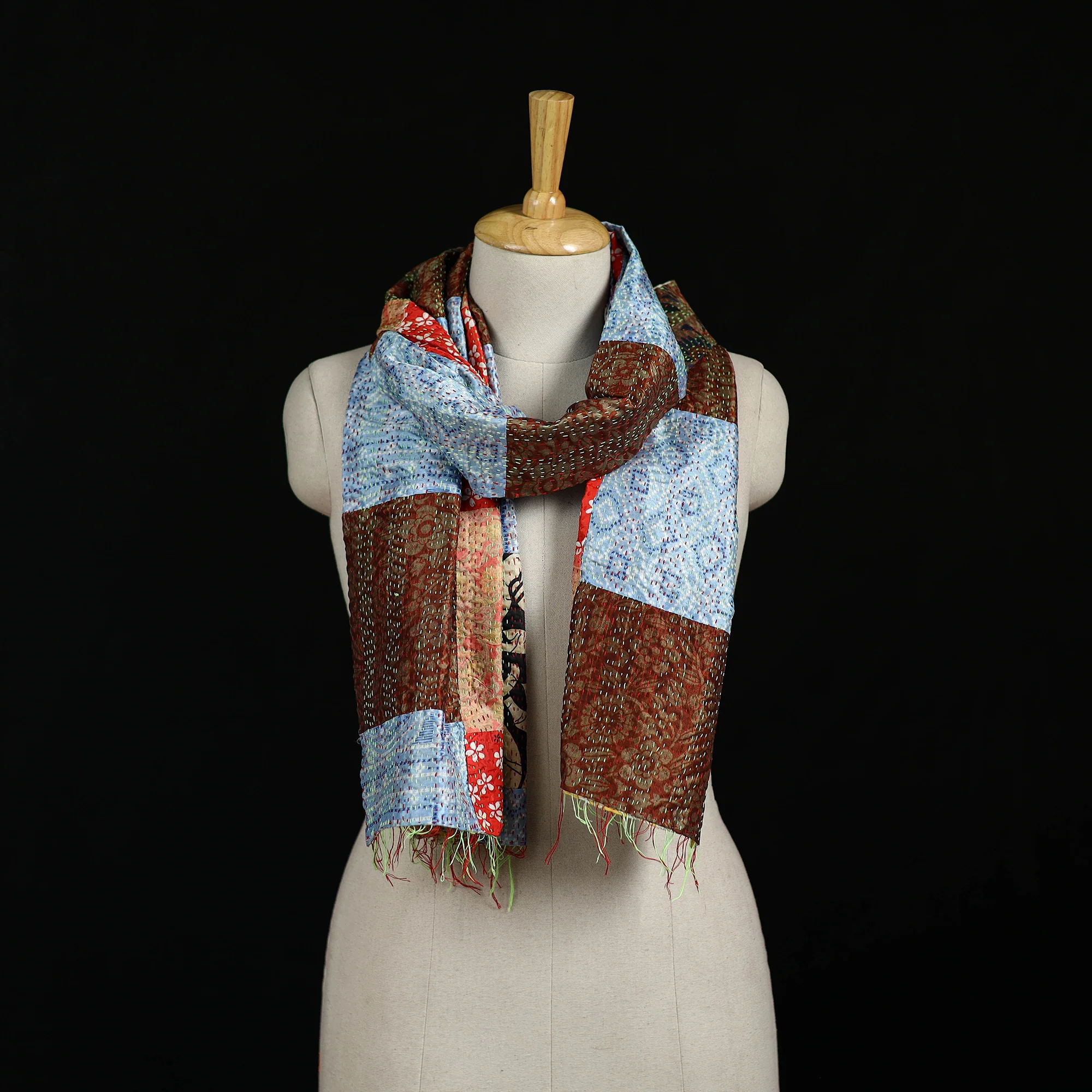 Bengal Kantha Handwork Patchwork Reversible Silk Stole 323