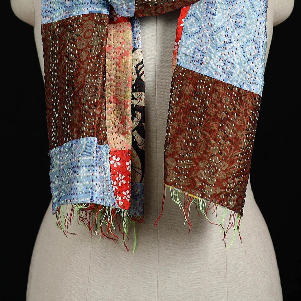 Bengal Kantha Handwork Patchwork Reversible Silk Stole 323 - Image 2