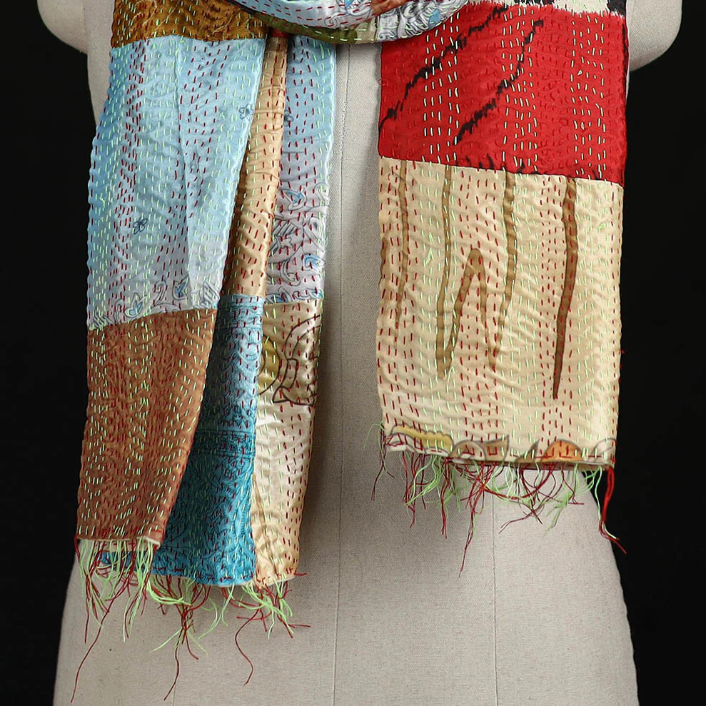 Bengal Kantha Handwork Patchwork Reversible Silk Stole 33 - Image 2