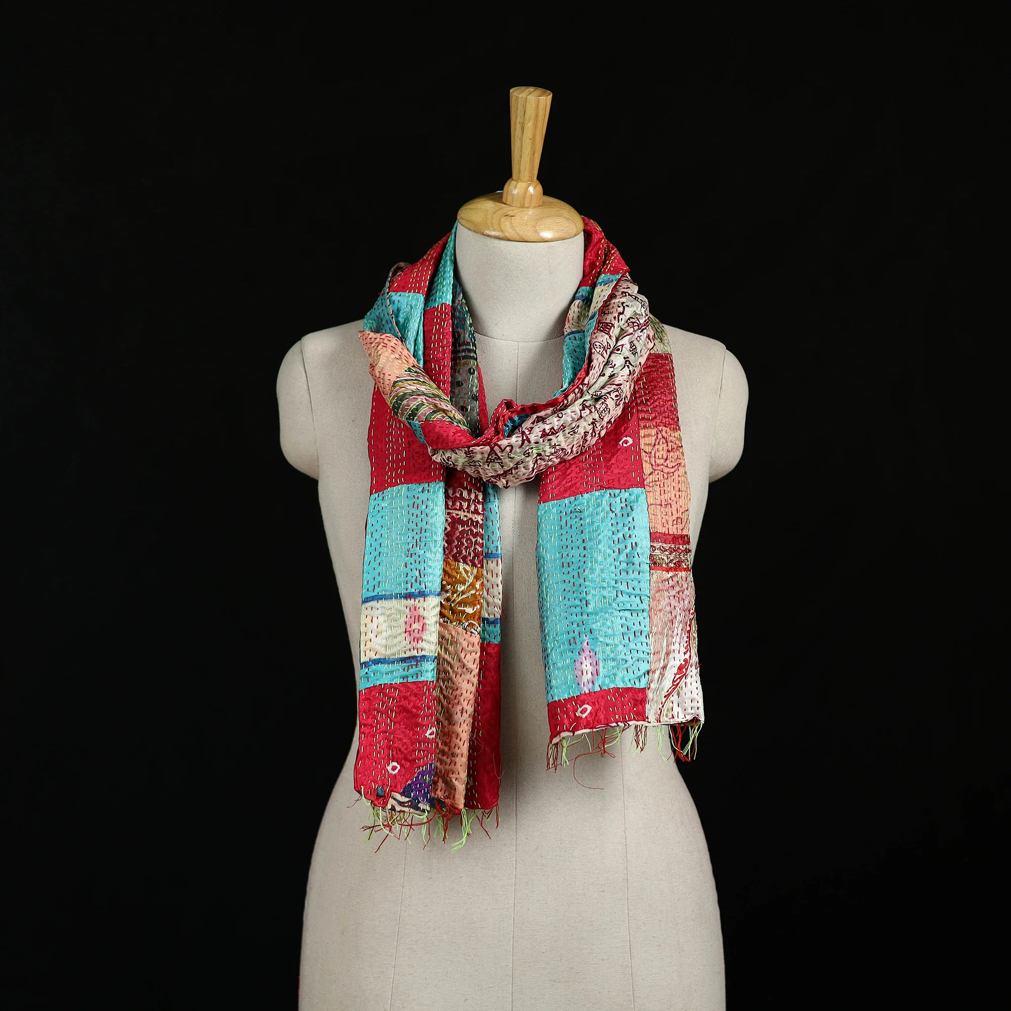 Bengal Kantha Handwork Patchwork Reversible Silk Stole 334