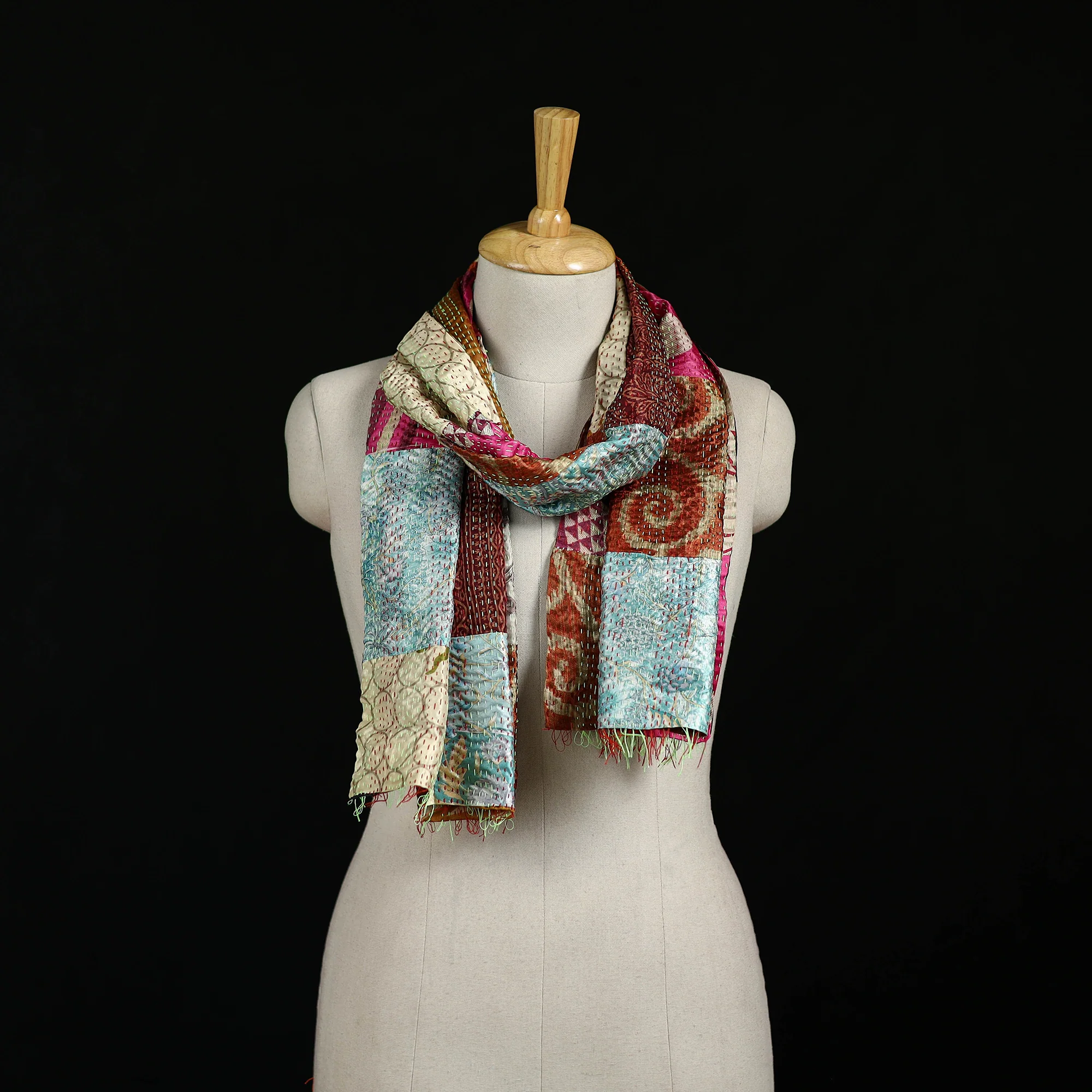 Bengal Kantha Handwork Patchwork Reversible Silk Stole 337