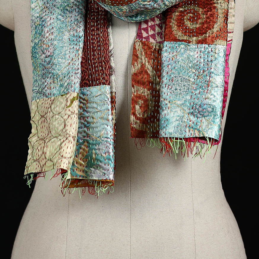 Bengal Kantha Handwork Patchwork Reversible Silk Stole 337 - Image 2