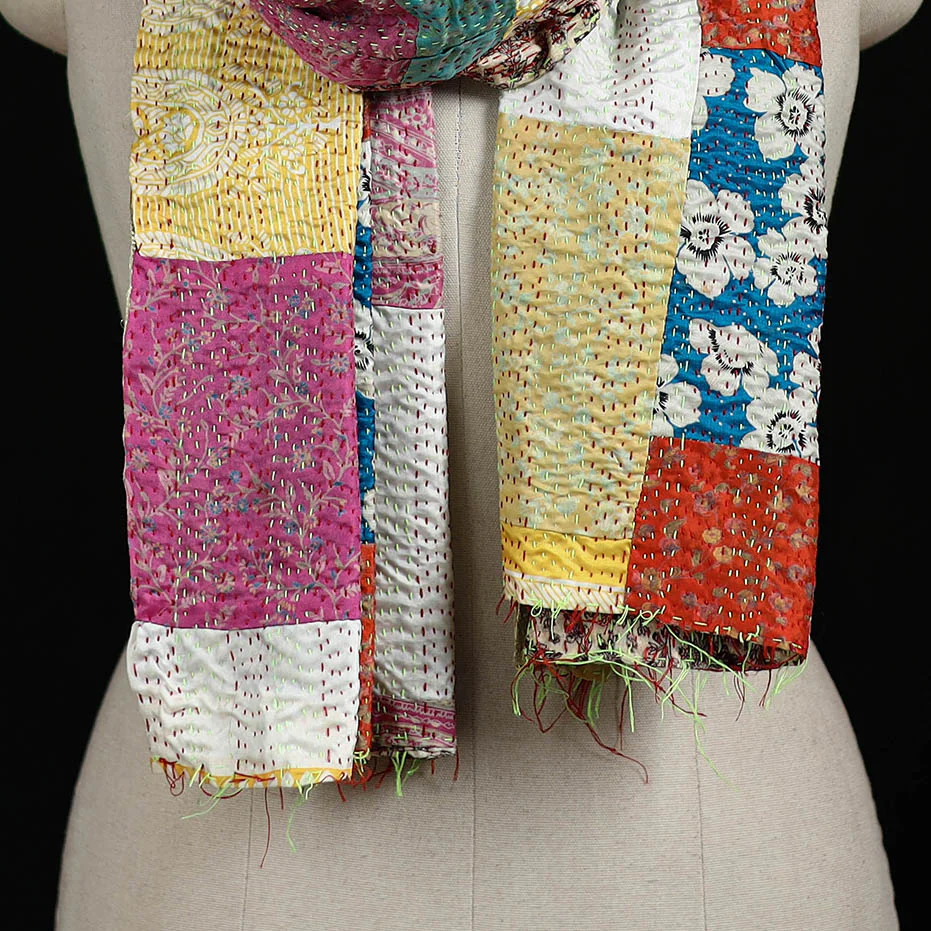 Bengal Kantha Handwork Patchwork Reversible Silk Stole 340 - Image 2