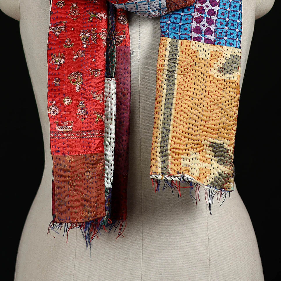 Bengal Kantha Handwork Patchwork Reversible Silk Stole 341 - Image 2