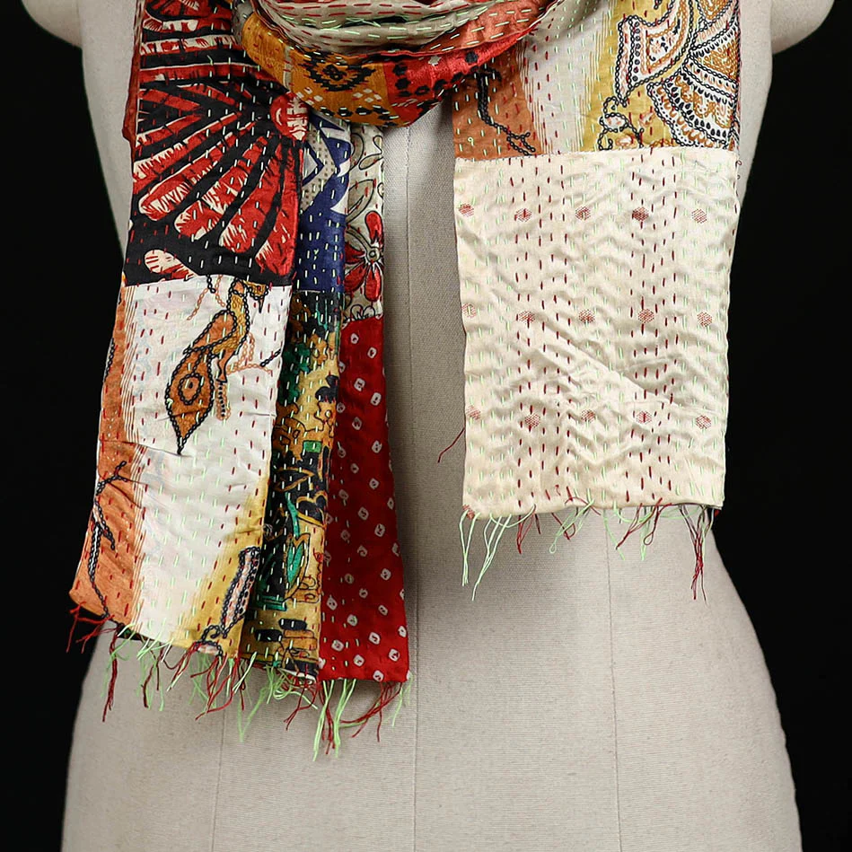Bengal Kantha Handwork Patchwork Reversible Silk Stole 342 - Image 2