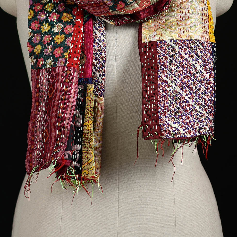 Bengal Kantha Handwork Patchwork Reversible Silk Stole 344 - Image 2