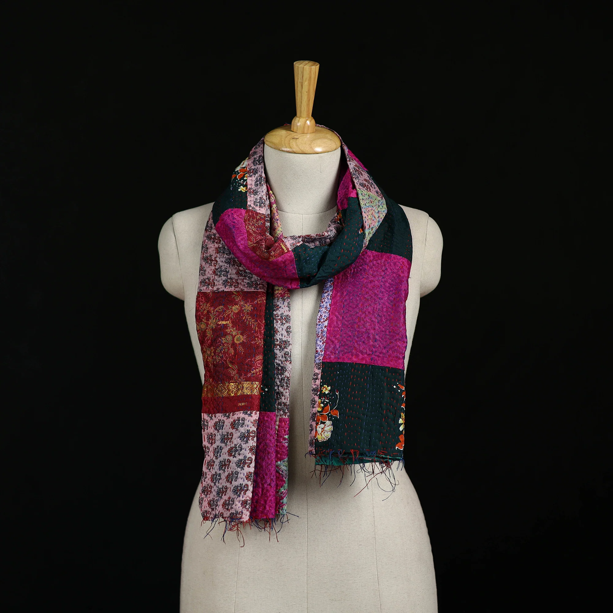 Bengal Kantha Handwork Patchwork Reversible Silk Stole 345