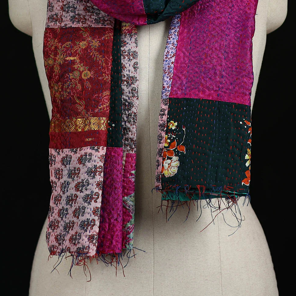 Bengal Kantha Handwork Patchwork Reversible Silk Stole 345 - Image 2