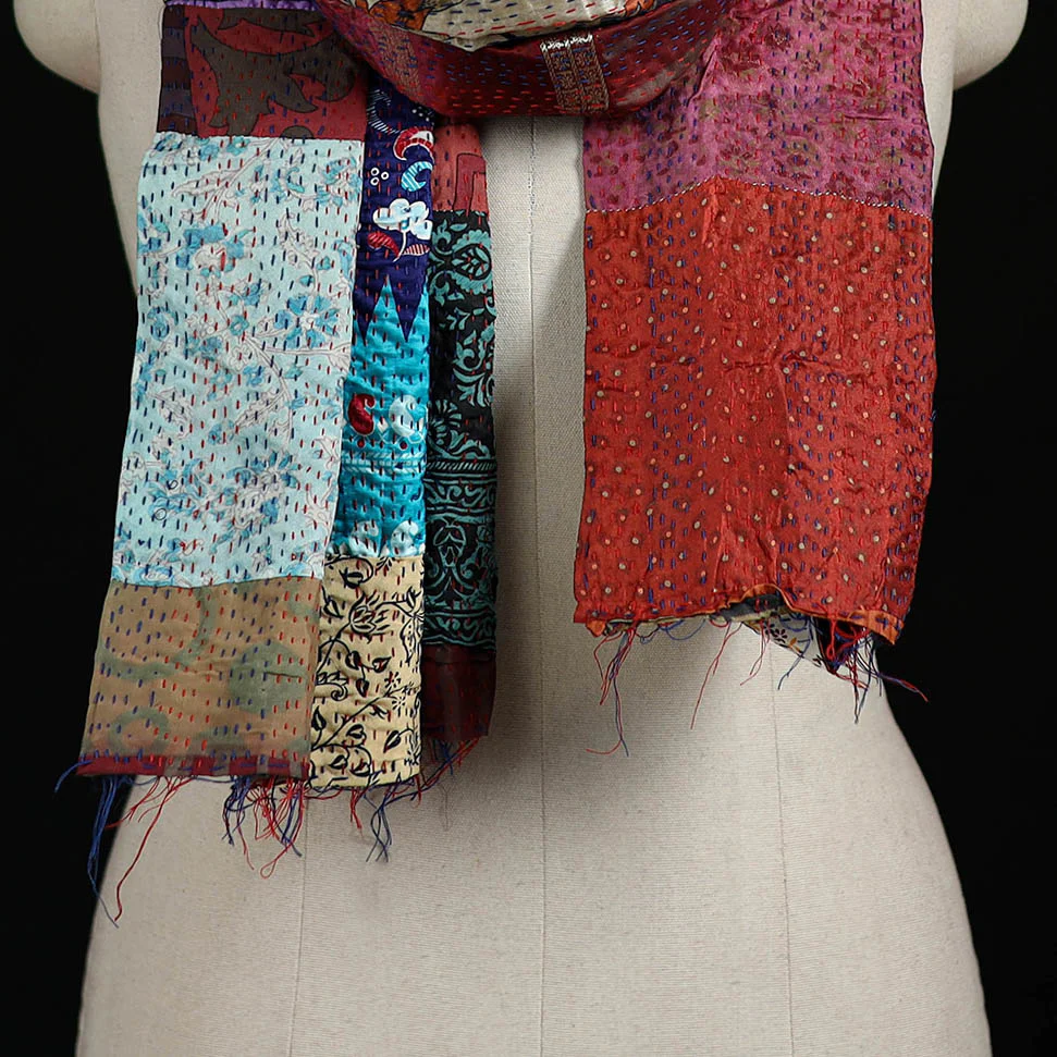 Bengal Kantha Handwork Patchwork Reversible Silk Stole 346 - Image 2