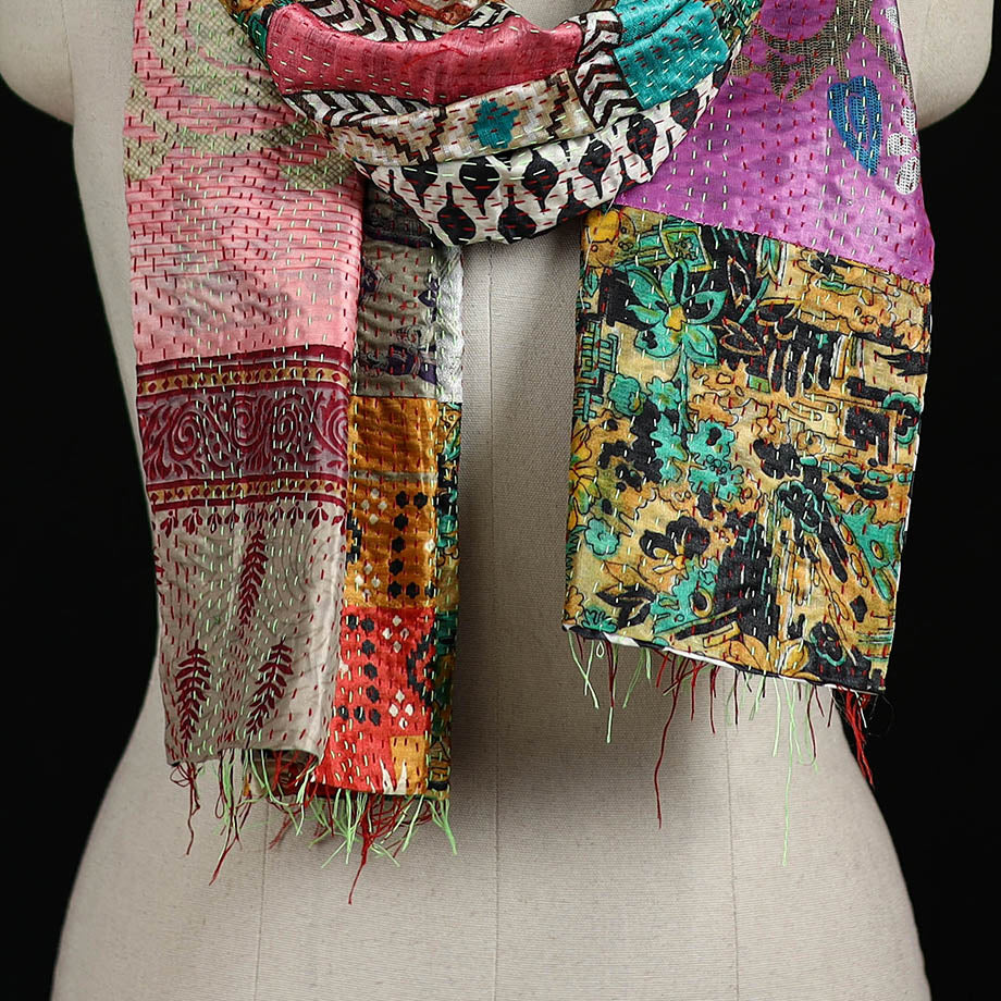 Bengal Kantha Handwork Patchwork Reversible Silk Stole 347 - Image 2