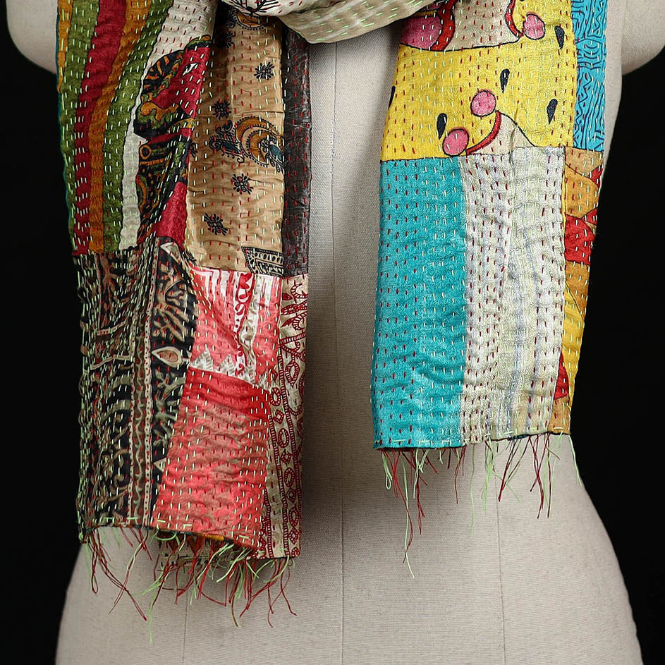 Bengal Kantha Handwork Patchwork Reversible Silk Stole 348 - Image 2