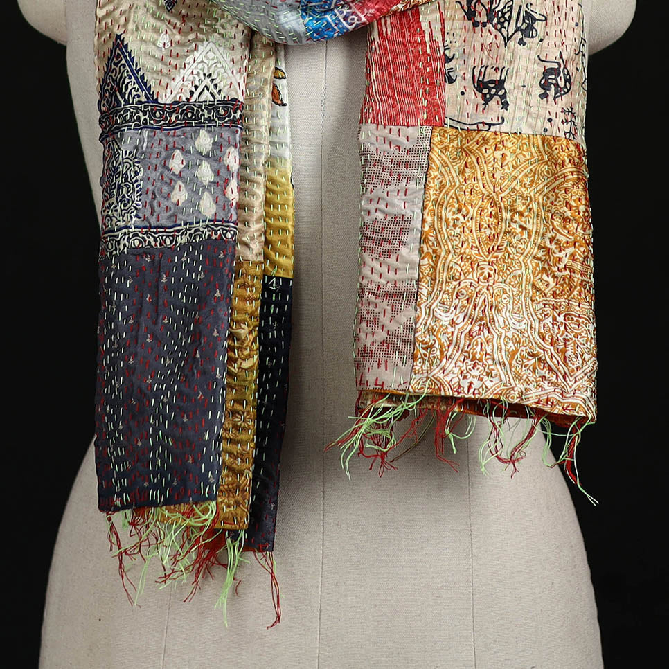 Bengal Kantha Handwork Patchwork Reversible Silk Stole 35 - Image 2