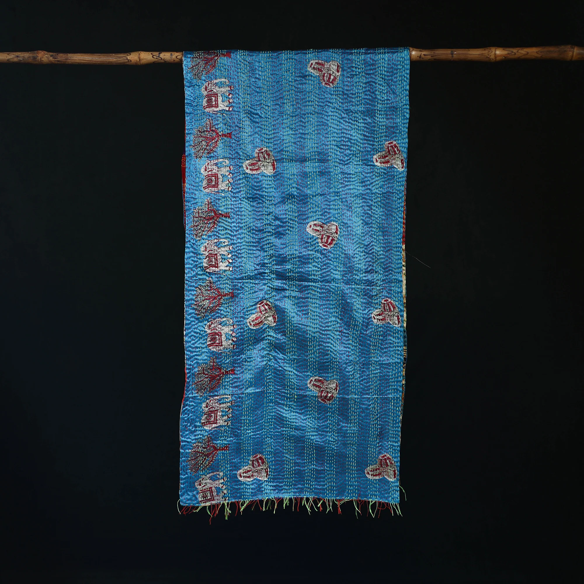 Bengal Kantha Handwork Patchwork Reversible Silk Stole 351 - Image 3
